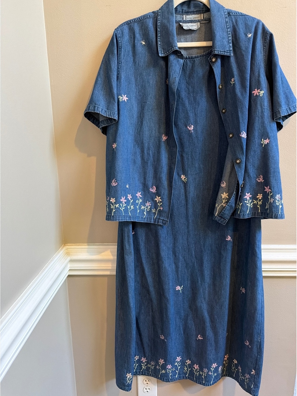 Vtg 90s Jane Ashley Embroidered Denim Dress Set 2pc Shacket Jumper Plus 1X 18